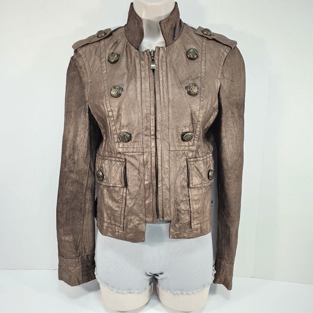 Y2K BEBE Metallic Leather Military Jacket Bronze 100% Pig Suede Steampunk Size S